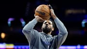 Feb 20, 2025; Philadelphia, Pennsylvania, USA; Philadelphia 76ers forward Paul George (8) warms up before a game against the Boston Celtics at Wells Fargo Center. Mandatory Credit: Bill Streicher-Imagn Images