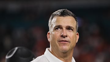 Oct 26, 2024; Miami Gardens, Florida, USA; Miami Hurricanes head coach Mario Cristobal looks on after the game against the Florida State Seminoles at Hard Rock Stadium. Mandatory Credit: Sam Navarro-Imagn Images