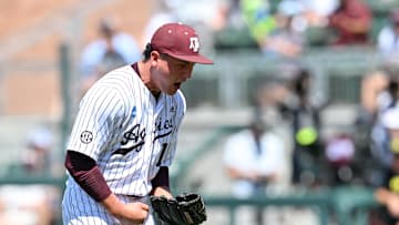 Jun 8, 2024; College Station, TX, USA; Texas A&M pitcher Chris Cortez (10) reacts after striking out the last batter of the sixth inning against the Oregon at Olsen Field, Blue Bell Park Mandatory Credit: Maria Lysaker-USA TODAY Sports
