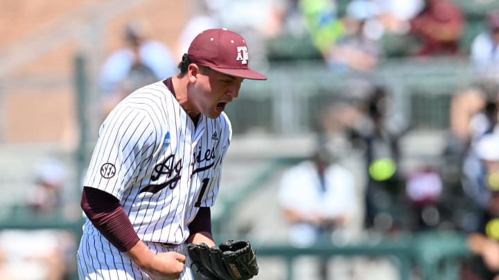 Jun 8, 2024; College Station, TX, USA; Texas A&M pitcher Chris Cortez (10) reacts after striking out the last batter of the sixth inning against the Oregon at Olsen Field, Blue Bell Park Mandatory Credit: Maria Lysaker-USA TODAY Sports