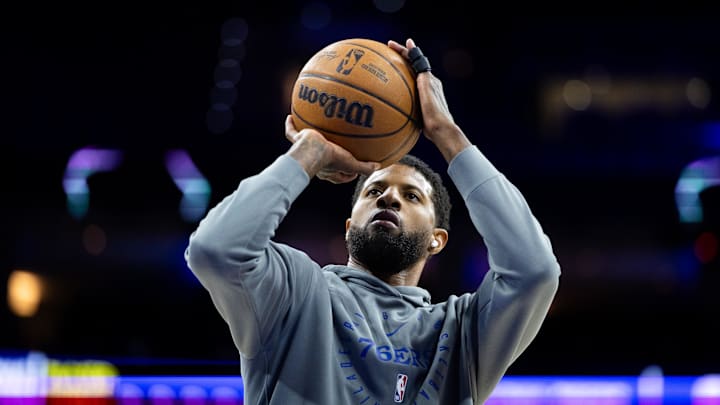 Feb 20, 2025; Philadelphia, Pennsylvania, USA; Philadelphia 76ers forward Paul George (8) warms up before a game against the Boston Celtics at Wells Fargo Center. Mandatory Credit: Bill Streicher-Imagn Images Feb 20, 2025; Philadelphia, Pennsylvania, USA; Philadelphia 76ers forward Paul George (8) warms up before a game against the Boston Celtics at Wells Fargo Center. Mandatory Credit: Bill Streicher-Imagn Images