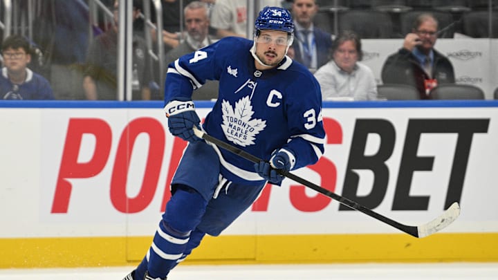Sep 22, 2024; Toronto, Ontario, CAN; Toronto Maple Leafs forward Auston Matthews (34) pursues the play against the Ottawa Senators in the second period at Scotiabank Arena. Mandatory Credit: Dan Hamilton-Imagn Images Sep 22, 2024; Toronto, Ontario, CAN; Toronto Maple Leafs forward Auston Matthews (34) pursues the play against the Ottawa Senators in the second period at Scotiabank Arena. Mandatory Credit: Dan Hamilton-Imagn Images