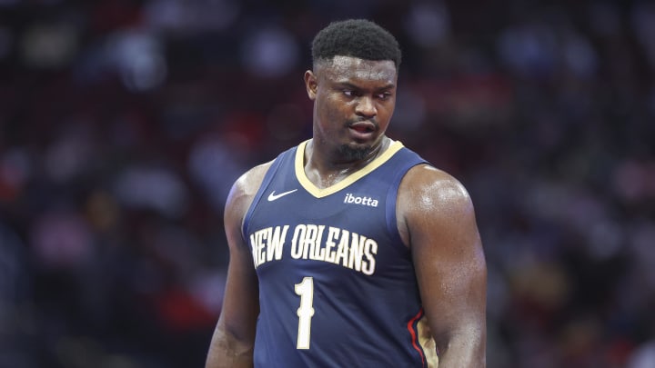 Nov 10, 2023; Houston, Texas, USA; New Orleans Pelicans forward Zion Williamson (1) reacts after a play during the third quarter against the Houston Rockets at Toyota Center. Mandatory Credit: Troy Taormina-USA TODAY Sports