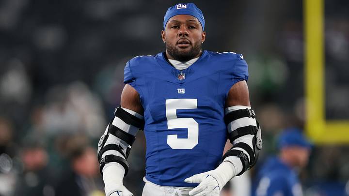 Oct 9, 2025; East Rutherford, New Jersey, USA; (Editors Notes: Caption Correction) New York Giants linebacker Kayvon Thibodeaux (5) looks on during warmups before the game against the Philadelphia Eagles at MetLife Stadium. Mandatory Credit: Vincent Carchietta-Imagn Images