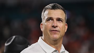 Oct 26, 2024; Miami Gardens, Florida, USA; Miami Hurricanes head coach Mario Cristobal looks on after the game against the Florida State Seminoles at Hard Rock Stadium. Mandatory Credit: Sam Navarro-Imagn Images