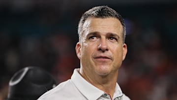 Oct 26, 2024; Miami Gardens, Florida, USA; Miami Hurricanes head coach Mario Cristobal looks on after the game against the Florida State Seminoles at Hard Rock Stadium. Mandatory Credit: Sam Navarro-Imagn Images