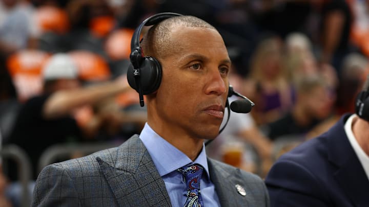 Apr 19, 2022; Phoenix, Arizona, USA; NBA on TNT television analyst Reggie Miller during the New Orleans Pelicans against the Phoenix Suns in game two of the first round for the 2022 NBA playoffs at Footprint Center. Mandatory Credit: Mark J. Rebilas-Imagn Images Apr 19, 2022; Phoenix, Arizona, USA; NBA on TNT television analyst Reggie Miller during the New Orleans Pelicans against the Phoenix Suns in game two of the first round for the 2022 NBA playoffs at Footprint Center. Mandatory Credit: Mark J. Rebilas-Imagn Images