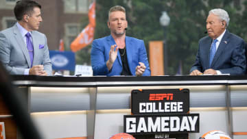 From left, Rece Davis, Pat McAfee and Lee Corso at the ESPN College GameDay stage outside of Ayres Hall on the University of Tennessee campus in Knoxville, Tenn. on Saturday, Sept. 24, 2022. The flagship ESPN college football pregame show returned for the tenth time to Knoxville as the No. 12 Vols hosted the No. 22 Gators.

Kns Espn College Gameday