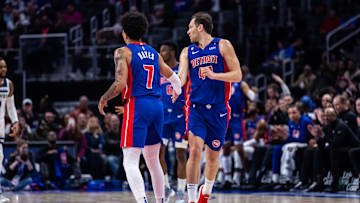 Jan 11, 2023; Detroit, Michigan, USA; Detroit Pistons guard Killian Hayes (7) celebrates a