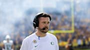 Nov 18, 2023; Tempe, Arizona, USA; Oregon Ducks head coach Dan Lanning against the Arizona State Sun Devils at Mountain America Stadium. Mandatory Credit: Mark J. Rebilas-Imagn Images