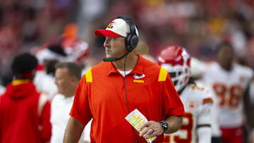 Sep 11, 2022; Glendale, Arizona, USA; Kansas City Chiefs offensive line coach Andy Heck against the Arizona Cardinals at State Farm Stadium. Mandatory Credit: Mark J. Rebilas-Imagn Images