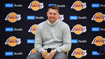 Feb 4, 2025; El Segundo, CA, USA; Los Angeles Lakers guard Luka Doncic is introduced at UCLA Health Training Center. Mandatory Credit: Gary A. Vasquez-Imagn Images