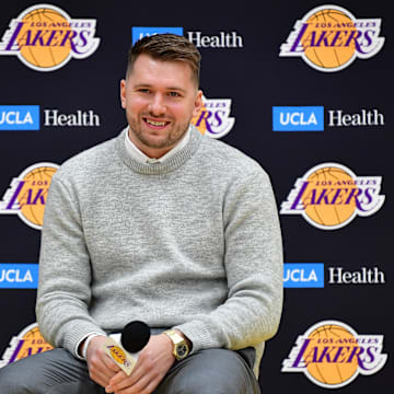 Feb 4, 2025; El Segundo, CA, USA; Los Angeles Lakers guard Luka Doncic is introduced at UCLA Health Training Center. 