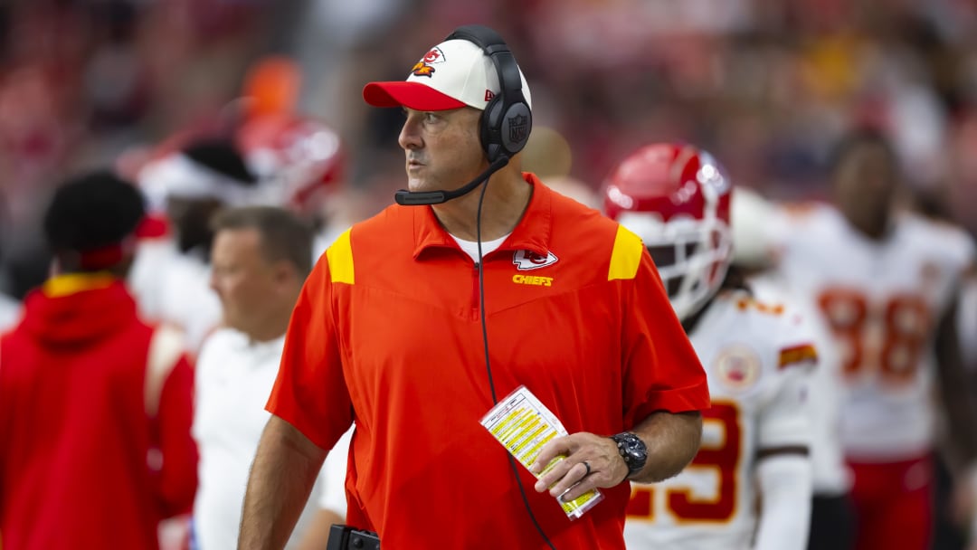 Sep 11, 2022; Glendale, Arizona, USA; Kansas City Chiefs offensive line coach Andy Heck against the Arizona Cardinals at State Farm Stadium. Mandatory Credit: Mark J. Rebilas-USA TODAY Sports