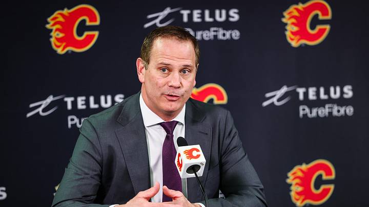 Jan 30, 2025; Calgary, Alberta, CAN; Calgary Flames general manager Craig Conroy during interview after the game against the Anaheim Ducks at Scotiabank Saddledome. Mandatory Credit: Sergei Belski-Imagn Images