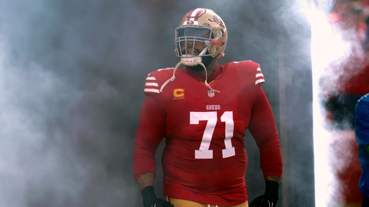 Dec 10, 2023; Santa Clara, California, USA; San Francisco 49ers offensive tackle Trent Williams (71) is introduced before the start of the game against the Seattle Seahawks at Levi's Stadium. Mandatory Credit: Cary Edmondson-USA TODAY Sports