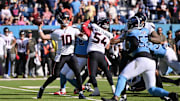 Nov 16, 2025; Nashville, Tennessee, USA; Houston Texans quarterback Davis Mills (10) passes the ball against the Tennessee Titans during the first quarter at Nissan Stadium. Mandatory Credit: Steve Roberts-Imagn Images