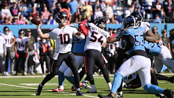 Nov 16, 2025; Nashville, Tennessee, USA; Houston Texans quarterback Davis Mills (10) passes the ball against the Tennessee Titans during the first quarter at Nissan Stadium. Mandatory Credit: Steve Roberts-Imagn Images
