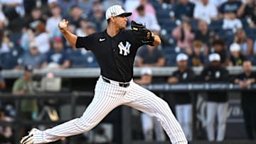 Mar 19, 2025; Tampa, Florida, USA; New York Yankees starting pitcher Carlos Carrasco (59) throws a pitch in the first inning against the Atlanta Braves during spring training at George M. Steinbrenner Field. Mandatory Credit: Jonathan Dyer-Imagn Images