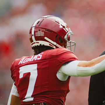 Aug 31, 2024; Tuscaloosa, Alabama, USA; Alabama Crimson Tide wide receiver Cole Adams (7) puts his arm around Alabama Crimson Tide head coach Kalen DeBoer during warm ups at Bryant-Denny Stadium. Mandatory Credit: Will McLelland-USA TODAY Sports