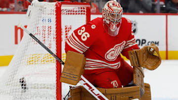 Oct 9, 2025; Detroit, Michigan, USA;  Detroit Red Wings goaltender John Gibson (36) tends goal in the first period  against the Montréal Canadiens at Little Caesars Arena. Mandatory Credit: Rick Osentoski-Imagn Images