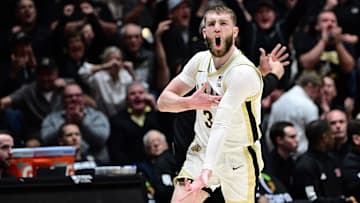 Mar 4, 2025; West Lafayette, Indiana, USA; Purdue Boilermakers guard Braden Smith (3) reacts to making a three-pointer