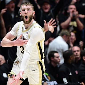 Purdue Boilermakers guard Braden Smith (3) reacts to making  a three pointer