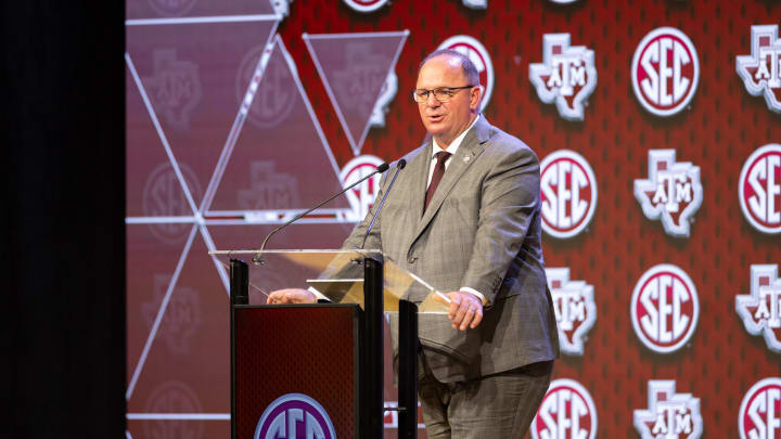 Jul 18, 2024; Dallas, TX, USA; Texas A&M head coach Mike Elko speaking at Omni Dallas Hotel. 