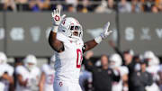 Nov 23, 2024; Berkeley, California, USA; Stanford Cardinal linebacker Gaethan Bernadel (0) gestures after a California Golden Bears missed field goal during the second quarter at California Memorial Stadium. Mandatory Credit: Darren Yamashita-Imagn Images
