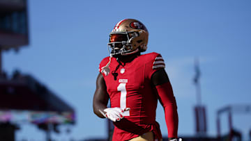 Dec 8, 2024; Santa Clara, California, USA; San Francisco 49ers wide receiver Deebo Samuel Sr. (1) walks on the field before the start of the game against the Chicago Bears at Levi's Stadium. Mandatory Credit: Cary Edmondson-Imagn Images