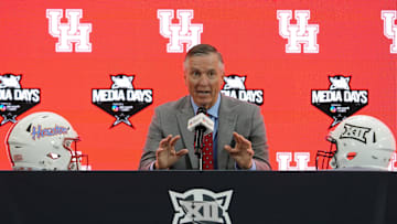 Jul 9, 2025; Frisco, TX, USA; Houston head coach Willie Fritz speaks with the media during 2025 Big 12 Football Media Days at The Star. Mandatory Credit: Raymond Carlin III-Imagn Images