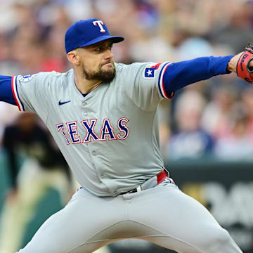 Texas Rangers starting pitcher Nathan Eovaldi (17) throws a pitch during the first inning against the Cleveland Guardians at Progressive Field on Aug 23.