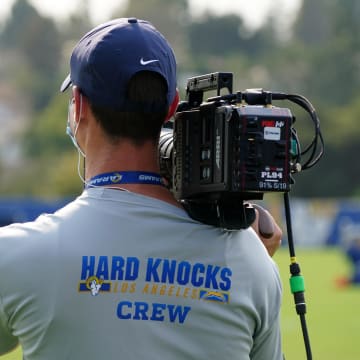 Aug 18, 2020; Thousand Oaks, California, USA; A HBO Hard Knocks film cameraman shoots video footage at Los Angeles Rams training camp at Cal Lutheran University.  