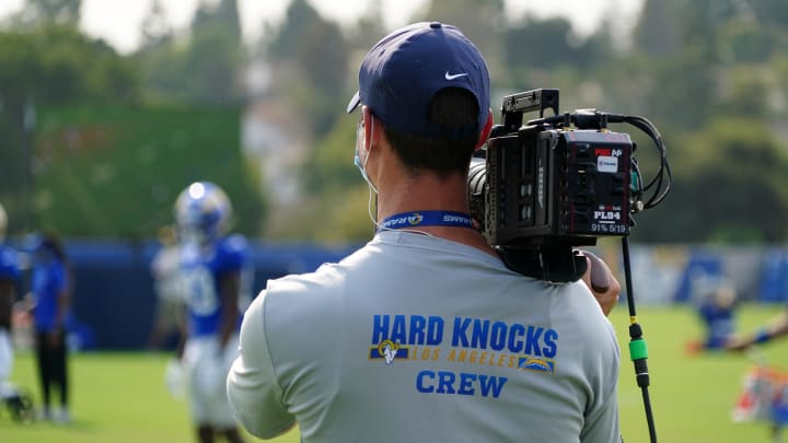 Aug 18, 2020; Thousand Oaks California, USA; A HBO Hard Knocks film cameraman shoots video footage at Los Angeles Rams training camp at Cal Lutheran University.  