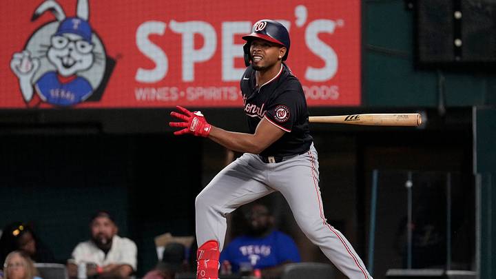 Aug 19, 2026; Arlington, Texas, USA;  Washington Nationals designated hitter José Tena (8) hits a single against the Texas Rangers during the first inning at Globe Life Field. Mandatory Credit: Raymond Carlin III-Imagn Images
