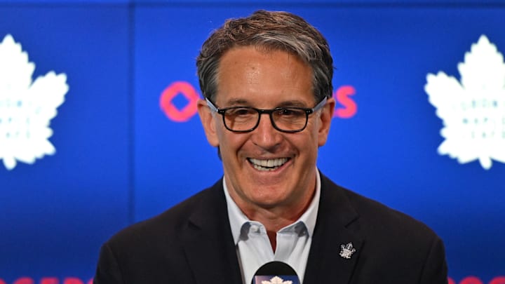 Jun 1, 2023; Toronto, Ontario, CANADA; Toronto Maple Leafs president Brendan Shanahan speaks at a media conference to introduce new general manager Brad Treliving (not shown) at Scotiabank Arena. Mandatory Credit: Dan Hamilton-Imagn Images