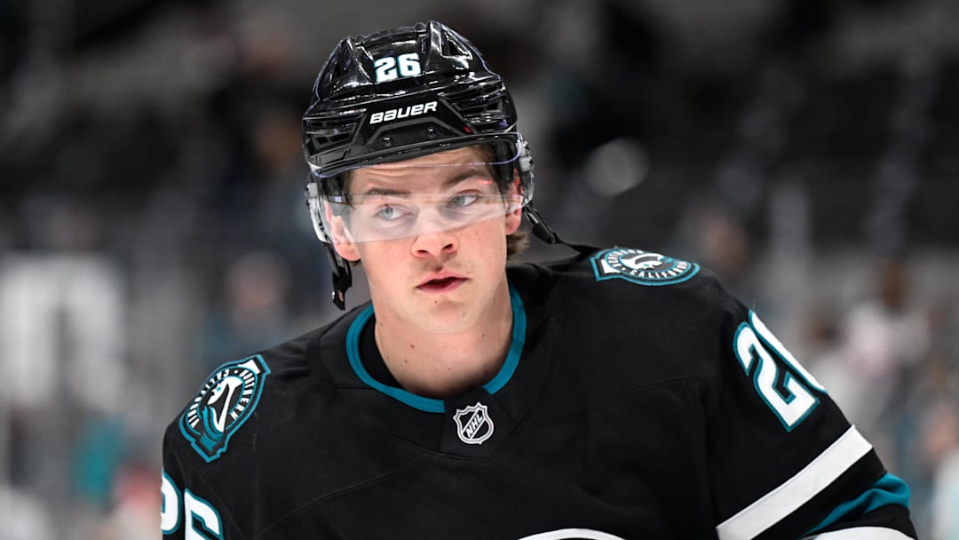 Apr 3, 2025; San Jose, California, USA; San Jose Sharks defenseman Jack Thompson (26) skates during warm ups before their game against the Edmonton Oilers at SAP Center at San Jose. Mandatory Credit: Eakin Howard-Imagn Images