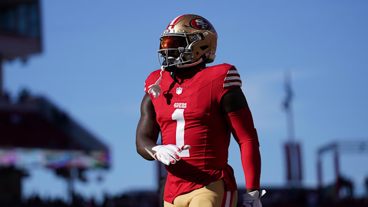 San Francisco 49ers wide receiver Deebo Samuel Sr. walks on the field before the start of the game against the Chicago Bears.