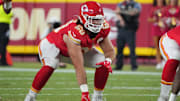 Aug 22, 2024; Kansas City, Missouri, USA; Kansas City Chiefs center Hunter Nourzad (60) at the line of scrimmage against the Chicago Bears during the game at GEHA Field at Arrowhead Stadium. Mandatory Credit: Denny Medley-Imagn Images