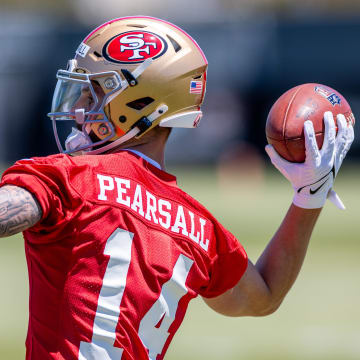 May 10, 2024; Santa Clara, CA, USA; San Francisco 49ers wide receiver Ricky Pearsall (14) runs drills during the 49ers rookie minicamp at Levi’s Stadium in Santa Clara, CA. Mandatory Credit: Robert Kupbens-USA TODAY Sports