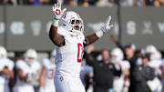 Nov 23, 2024; Berkeley, California, USA; Stanford Cardinal linebacker Gaethan Bernadel (0) gestures after a California Golden Bears missed field goal during the second quarter at California Memorial Stadium. Mandatory Credit: Darren Yamashita-Imagn Images