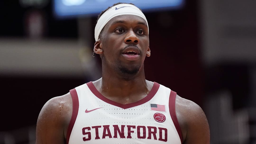 Dec 17, 2025; Stanford, California, USA;  Stanford Cardinal forward Chisom Okpara (10) waits for play to resume against the Texas-Arlington Mavericks in the second half at Maples Pavilion. Mandatory Credit: David Gonzales-Imagn Images