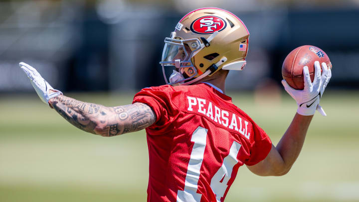 May 10, 2024; Santa Clara, CA, USA; San Francisco 49ers wide receiver Ricky Pearsall (14) runs drills during the 49ers rookie minicamp at Levi’s Stadium in Santa Clara, CA. Mandatory Credit: Robert Kupbens-USA TODAY Sports