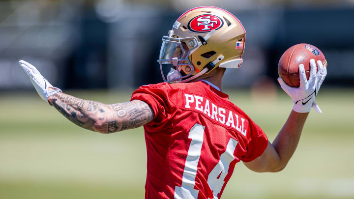 May 10, 2024; Santa Clara, CA, USA; San Francisco 49ers wide receiver Ricky Pearsall (14) runs drills during the 49ers rookie minicamp at Levi’s Stadium in Santa Clara, CA. Mandatory Credit: Robert Kupbens-USA TODAY Sports