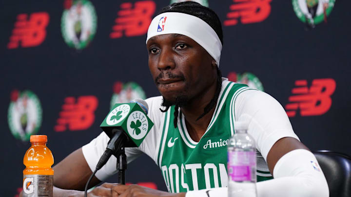 Sep 29, 2025; Boston, MA, USA; Boston Celtics forward Chris Boucher (99) talks with reporters during media day at the Auerbach Center. Mandatory Credit: David Butler II-Imagn Images