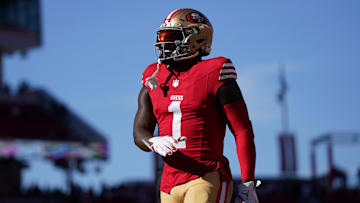 Dec 8, 2024; Santa Clara, California, USA; San Francisco 49ers wide receiver Deebo Samuel Sr. (1) walks on the field before the start of the game against the Chicago Bears at Levi's Stadium. Mandatory Credit: Cary Edmondson-Imagn Images