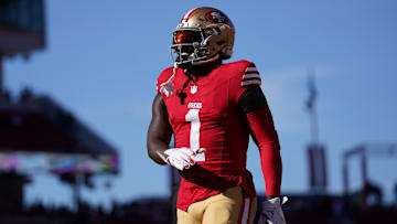 Dec 8, 2024; Santa Clara, California, USA; San Francisco 49ers wide receiver Deebo Samuel Sr. (1) walks on the field before the start of the game against the Chicago Bears at Levi's Stadium.