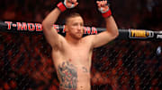 Apr 13, 2024; Las Vegas, Nevada, USA; Justin Gaethje during UFC 300 at T-Mobile Arena. Mandatory Credit: Mark J. Rebilas-Imagn Images