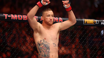 Apr 13, 2024; Las Vegas, Nevada, USA; Justin Gaethje during UFC 300 at T-Mobile Arena. Mandatory Credit: Mark J. Rebilas-Imagn Images