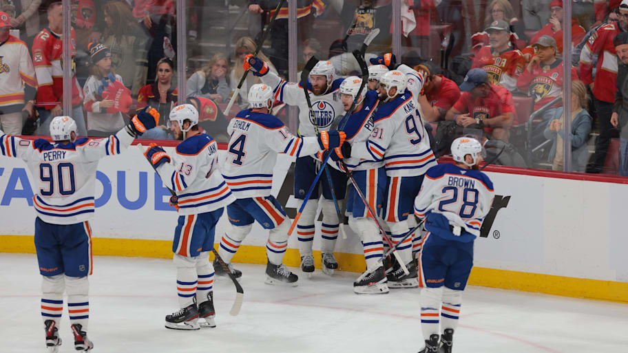 Edmonton Oilers center Leon Draisaitl celebrates scoring in overtime against the Florida Panthers. | Sam Navarro-Imagn Images